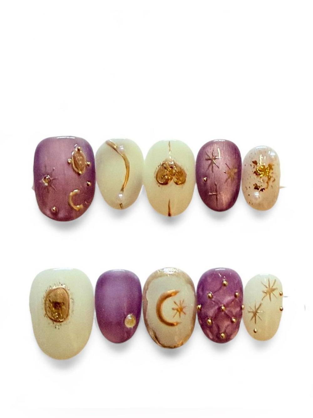 Purple, White, and Gold Tone Celestial Detail Press On Nails (Set of 10 Pcs)